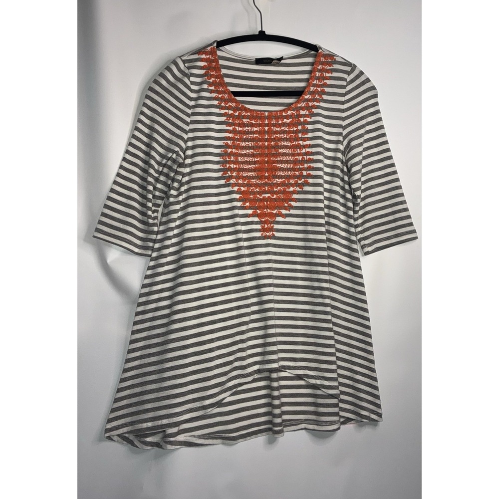 THML Embroidered Orange Boho Top Blouse Shirt Grey White Size Medium 3/4 Sleeves
